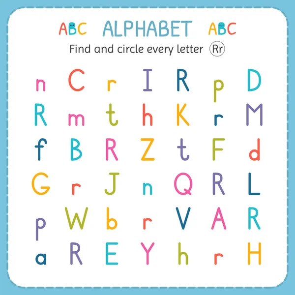 Encontre e circule cada letra R. Ficha de trabalho para jardim de infância e pré-escola. Exercícios para crianças — Vetor de Stock