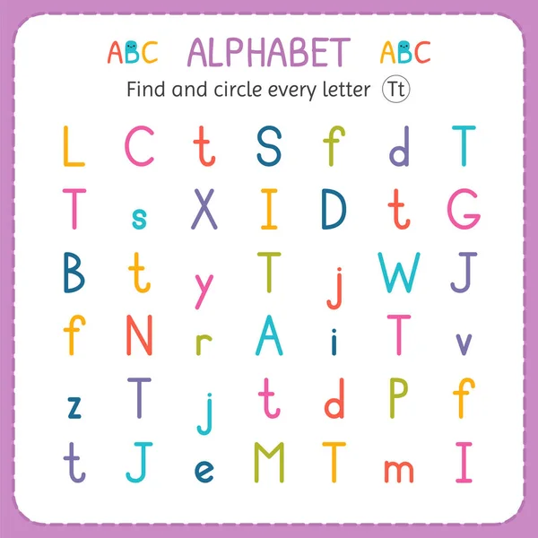 Encontre e circule cada letra T. Planilha para jardim de infância e pré-escola. Exercícios para crianças — Vetor de Stock