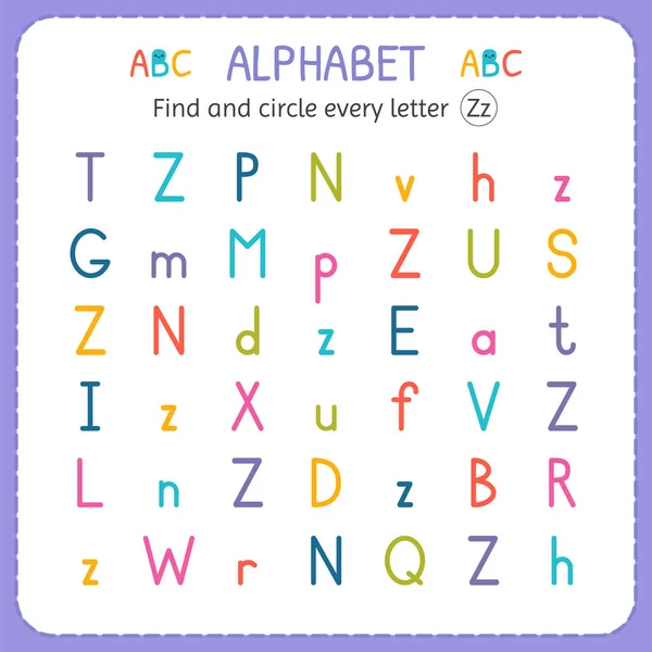 Encontre e circule todas as letras Z. Ver Ficha de trabalho para jardim de infância e pré-escola. Exercícios para crianças — Vetor de Stock