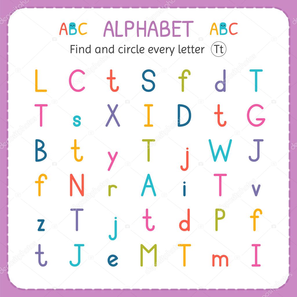 Find and circle every letter T. Worksheet for kindergarten and preschool. Exercises for children