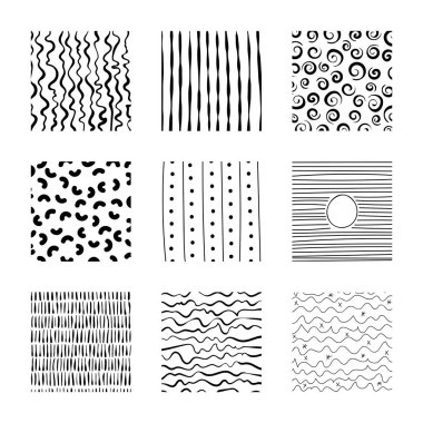 Soyut kareler kümesi. El yapımı arka planlar. Karalama çizimleri. Basit kaşındırıcı dokular. Şablon. Tasarım elemanları. Modern etnik süsler