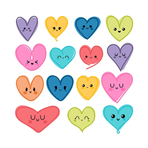 Colección de corazones kawaii dibujados a mano lindo. Iconos del corazón. Diseño — Vector de stock