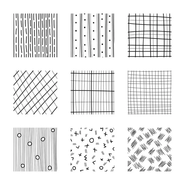 Set of abstract squares. Hand drawn backgrounds. Simple scratchy textures. Doodle drawings. Design elements. Modern ethnic ornaments. Pattern — Stock Vector