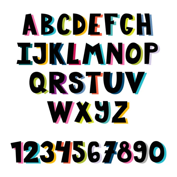 Kleurrijke set van de hand getekend lettertype. School Engels alfabet. Veelkleurige heldere letters. Leuke tekenfilmstijl. Kid style tekening lettertype — Stockvector