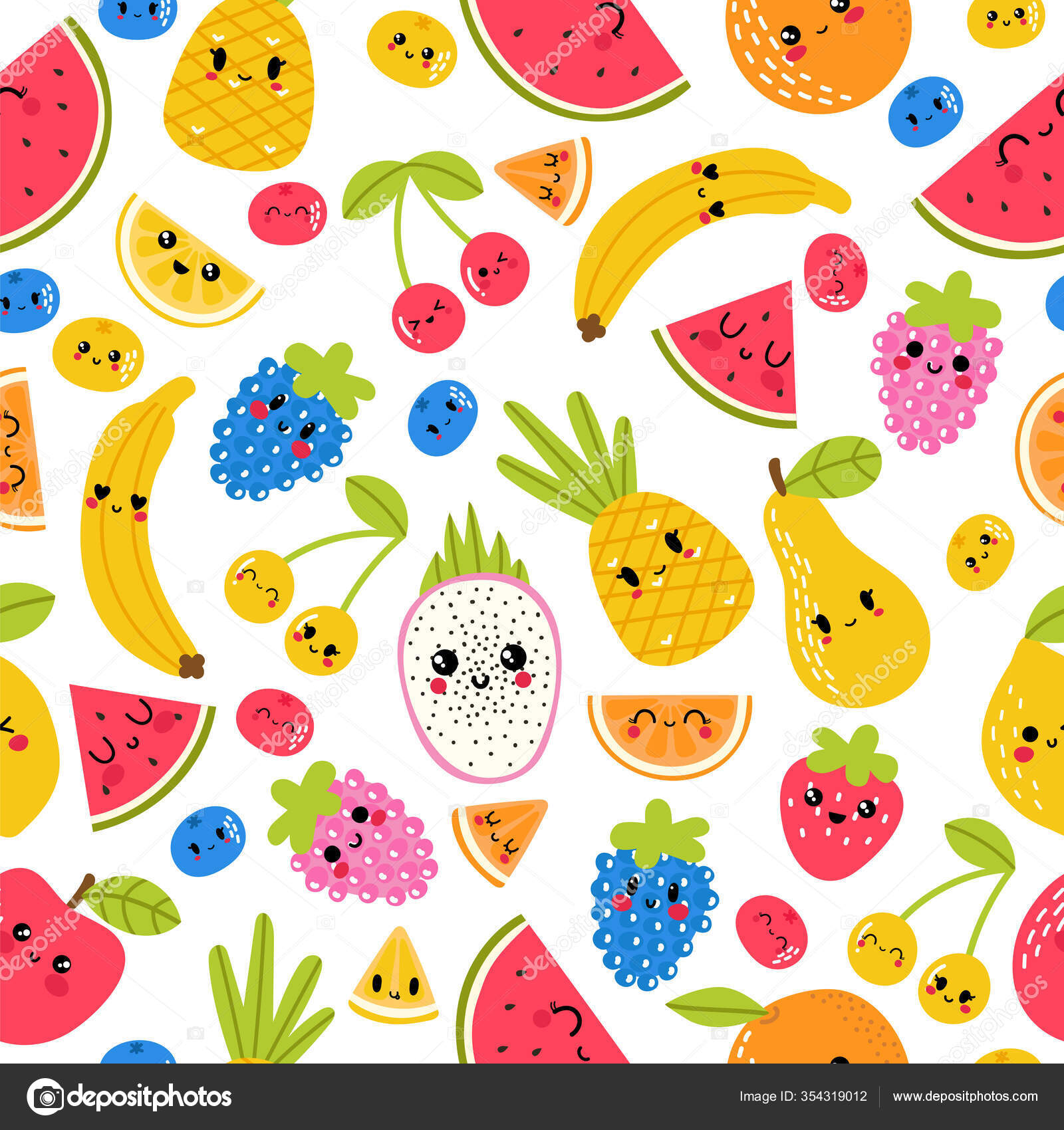 Seamless Pattern Funny Happy Kawaii Fruit Summer Tropical Healthy Food  Stock Vector Image by ©Saenal78 #354319012