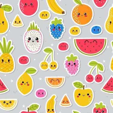 Renkli el, tropikal meyve ve böğürtlenlerle kusursuz desen çizmiş. Tasarımın için şirin çıkartmalar. Sağlıklı yiyecekler. Kawaii tarzı.