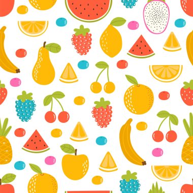 Çizgi film el çizimi meyveli kusursuz desen. Hoş bir arka plan. Yaz tropik sağlıklı yiyecekler. Vektör illüstrasyonu