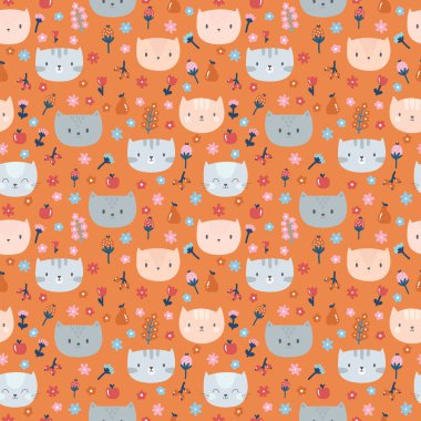 Şirin kedileri olan kusursuz çocuklar. Karanlık zemindeki komik hayvanlar. Kumaş ve tekstil için harika. Hoş bir arka plan. Vektör illüstrasyonu