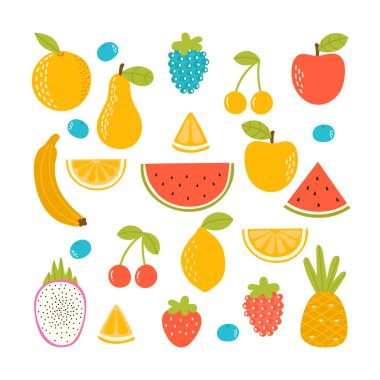 Bir dizi organik tropikal meyve. Taze vejetaryen mutfağı. Elle çizilmiş elma, limon, portakal, çilek, ananas, karpuz, ejderha meyvesi, kiraz ve muz