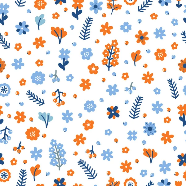 Lindo Patrón Floral Sin Costuras Con Flores Bayas Fondo Dibujado — Vector de stock