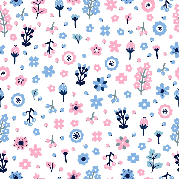 花や果実とかわいい花のシームレスなパターン 北欧風のデザイン 背景色 — ストックベクタ