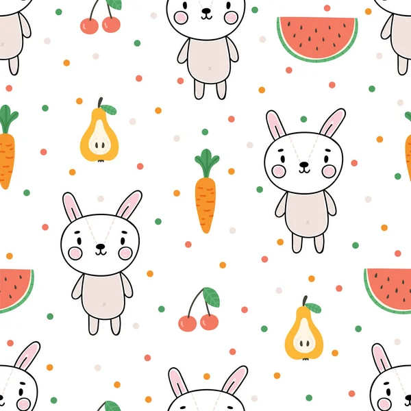 小さなウサギと果物とかわいい夏のシームレスなパターン 面白い文字で子供の背景 ベクターイラスト — ストックベクタ