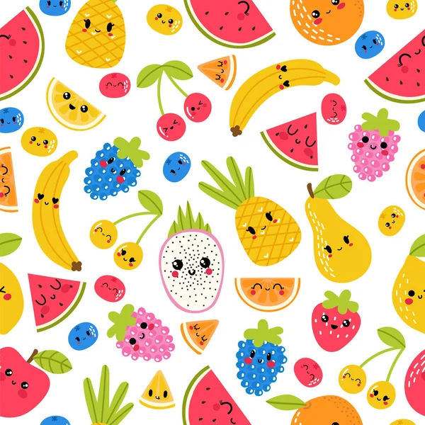 Patrón Sin Costuras Con Fruta Kawaii Divertida Feliz Comida Saludable — Vector de stock