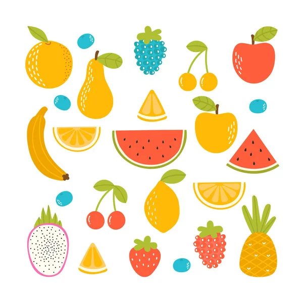 一组有机热带水果 新鲜的纯素食厨房手绘苹果 樱桃和香蕉 — 图库矢量图片