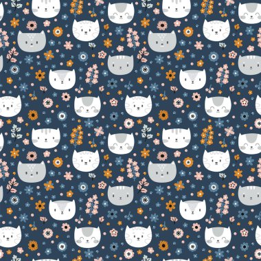 Kedilerle kusursuz bir düzen. Karanlık zemindeki komik hayvanlar. Kumaş ve tekstil için harika. Hoş bir arka plan. Vektör illüstrasyonu