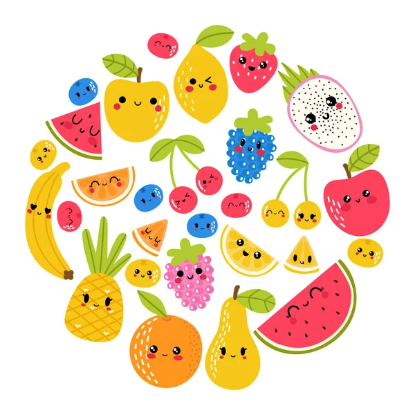 手描きの夏の果物とサークルデザイン組成 健康的なライフスタイルコレクション かわいいカワイイキャラクター 夏のシーズン ベクターイラスト — ストックベクタ