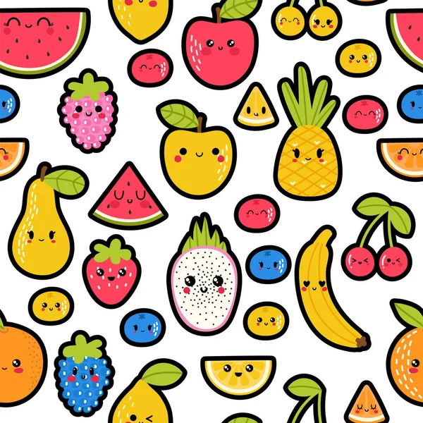 多彩的手绘着夏日热带水果和浆果的无缝图案 为你的设计提供漂亮的背景 Kawaii风格 健康食品 矢量说明 — 图库矢量图片