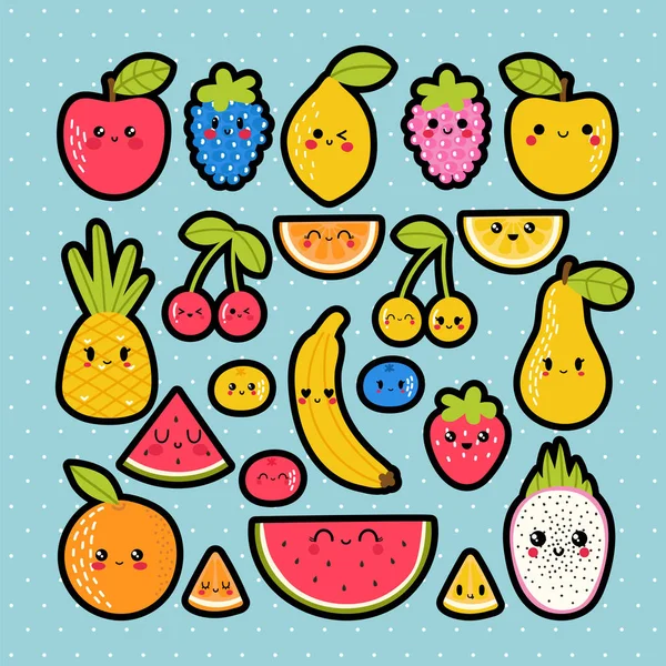 Lindas Pegatinas Frutas Tropicales Kawaii Dibujadas Mano Sonrientes Colección Estilo — Vector de stock