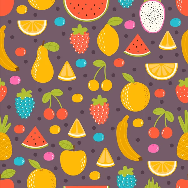 Seamless Pattern Hand Drawn Fruit Summer Tropical Healthy Food Texture — Stock Vector