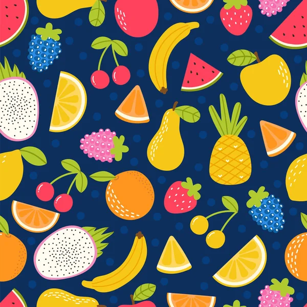 Seamless Pattern Hand Drawn Cartoon Fruit Summer Tropical Healthy Food — Stock Vector