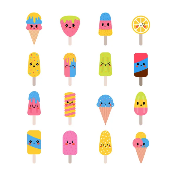 Set Cute Kawaii Ice Cream Characters Cartoon Lovely Ice Cream — Stock Vector