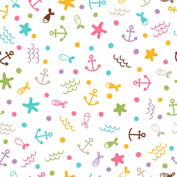 Lindo Mar Verano Patrón Sin Costuras Con Perlas Peces Estrellas — Vector de stock