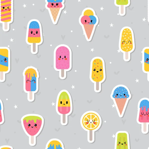 Bunte Sommer Nahtlose Muster Mit Kawaii Eis Geschenkpapier Stoff Niedliche — Stockvektor