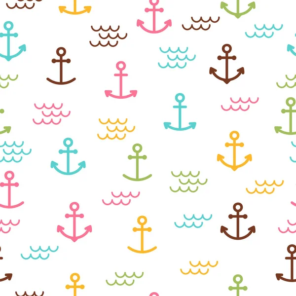 アンカー付き夏の海のシームレスなパターン かわいい海洋の背景 包装紙 ウェブデザインに最適です ベクターイラスト — ストックベクタ