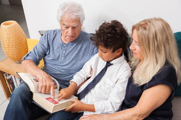 Älskar Morfar Och Mormor Med Sonson Läser Tillsammans Ordbok Soffan — Stockfoto