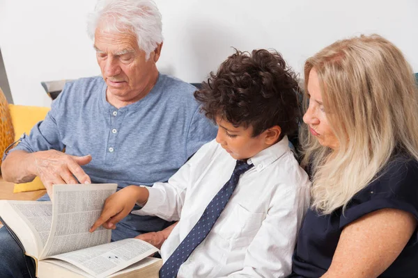 Büyükannenle Büyükbabanı Torununu Sevmek Kanepede Birlikte Sözlük Okumak Dede Nineyle — Stok fotoğraf