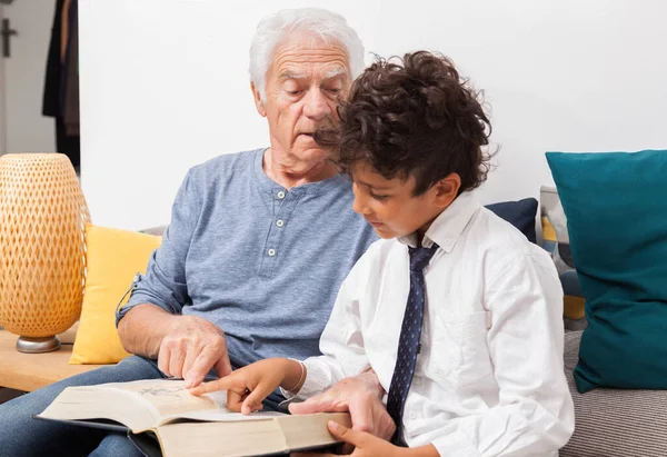 Boldog Nagyapa Unokájával Együtt Olvas Egy Könyvet Egy Szótárt Kanapén — Stock Fotó
