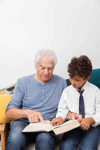 Glad Farfar Med Sonson Läser Ihop Bok Ordbok Soffan Familj — Stockfoto