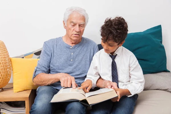 Mutlu büyükbaba ve torun birlikte kitap okuyor, kanepede bir sözlük. Aile, kültür ve neşe konsepti