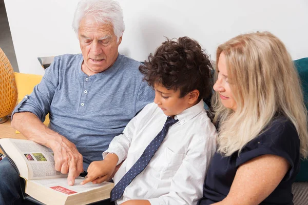 Loving grandpa and grandma with grandson reading together a dictionnary on sofa. Boy reading a book with grandparents