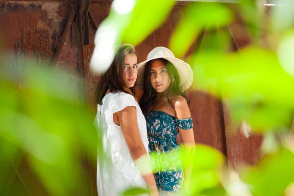 Cumprimento Duas Amigas Meninas Jardim Uma Casa Campo Felicidade Estilo — Fotografia de Stock