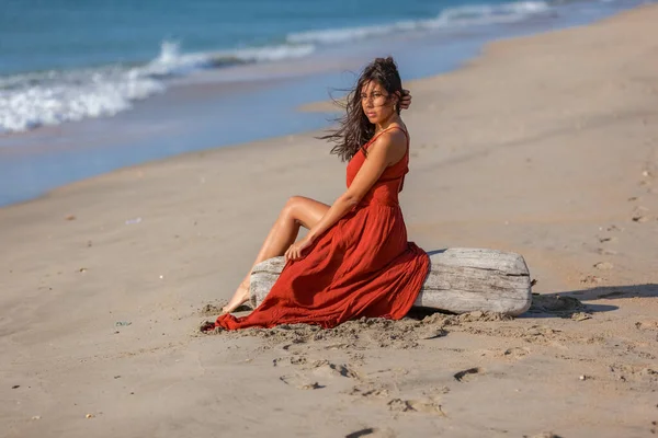 Mujer Joven Sentada Madera Deriva Playa Concepto Del Sueño Del —  Fotos de Stock