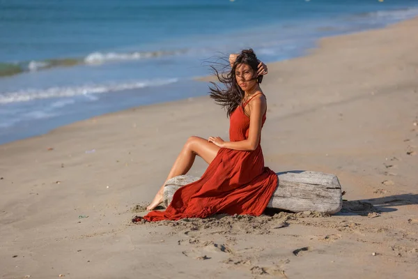 Jovem Mulher Sentada Madeira Deriva Praia Concepção Sonho Estilo Vida — Fotografia de Stock