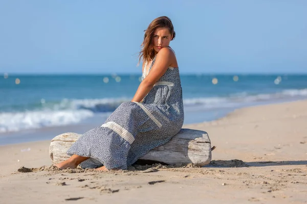 Jovem Mulher Sentada Madeira Deriva Praia Conceito Estilo Vida Felicidade — Fotografia de Stock