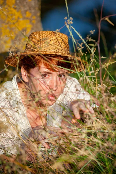 Wellness Relaxation Woman Straw Hat Grass Countrysid Stock Image