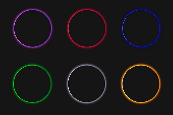 Koyu renkli lensler parlıyor. Tüm renkler ayarlandı. Parlak, parlak yuvarlak şekiller mor, mavi, yeşil, sarı renkler..