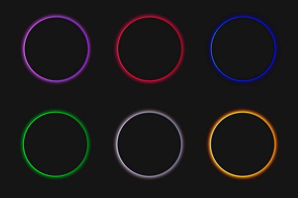 Dark colorful lenses flare glow circles all colors set. Shiny glowing round shapes purple red blue green grey yellow colors set.