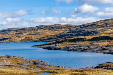 Norveç yüksek dağları güneşli bir günde göl. Vahşi doğa yolculuğu, mavi gökyüzü, parlak renkler. Yürüyüş İskandinav manzarası