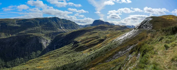 stock image Scenic panorama norwegian mountains sunny day nature landscape. Picturesque valley view , travel Norway, scandinavian recreation viewpoint