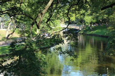 Riga Letonya şehir merkezi parkı nehir kanalı kenarında yeşil ağaçlar ile seyahat beyaz köprü ve su yansıması dinlenme alanı güzel