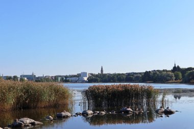 Avrupa 'nın orta kesiminde bulunan Helsinki şehrinde sazlık çim taşlarıyla dolu park. Şehir manzarasında güzel su doğası
