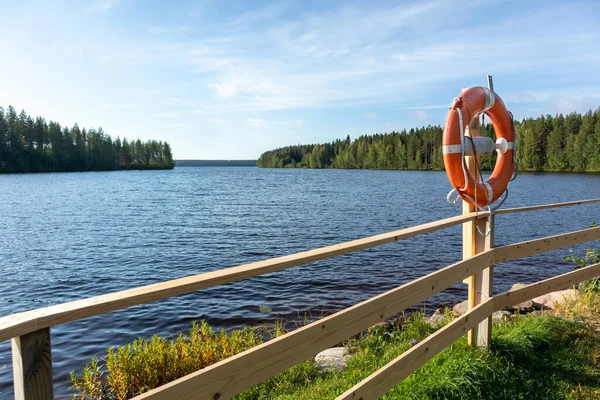 Lifebuoy halkası olan ahşap korkuluklar bitiş nehri manzarası ve güzel gökyüzü manzaralı çam ağaçları ormanı. Nehirde güvenli dinlenme alanı.