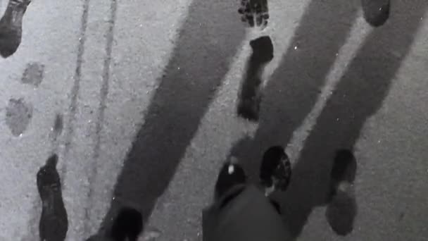 スローモーション一緒に白い雪の道 夜の冬の公園 雪のハイキング 旅行カップル ブーツで足を歩く — ストック動画