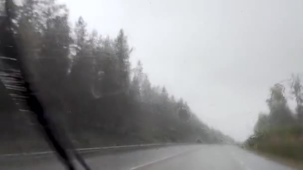 豪雨嵐劇的な北部のスカンジナビアのルートを介して運転 水の雨は車のフロントガラスに落ちる スウェーデン北ヨーロッパの高速道路を旅行する 自然林 道路の展望 — ストック動画