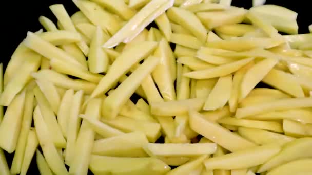 Preparing Long Cut Spices Raw Fries Potatoes Slices Oil Salt — Stock Video