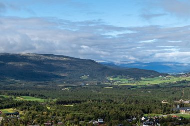 Güzel bulutları, yeşil tarlaları ve çam ormanlarıyla Norveç doğa manzarası. Harika bir seyahat manzarası